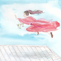 Fei Liu dressed as a palace maid flying over a roof